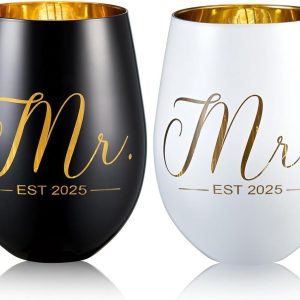 Mr and Mrs EST 2025 Wine Glasses Gifts- Cool Engagement Gifts, Wedding Gifts for Couples, Bride and Groom, His and Hers- Bridal Shower Gifts for Bride To Be