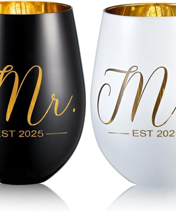 Mr and Mrs EST 2025 Wine Glasses Gifts- Cool Engagement Gifts, Wedding Gifts for Couples, Bride and Groom, His and Hers- Bridal Shower Gifts for Bride To Be