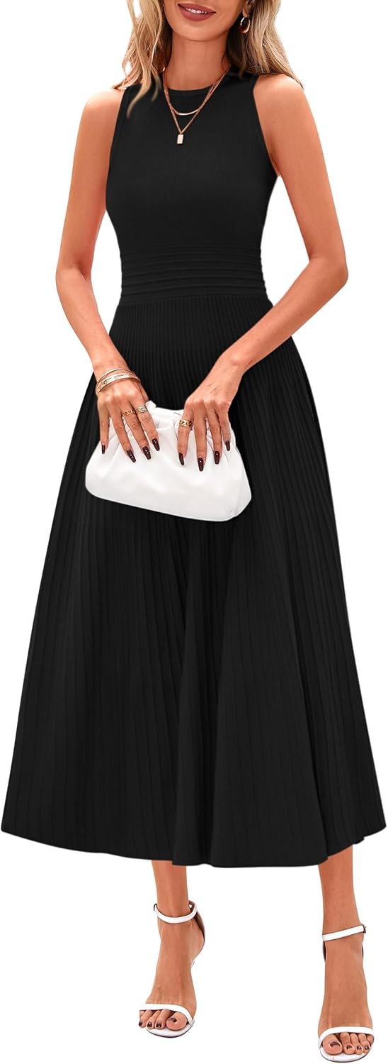 PRETTYGARDEN Spring Casual Dresses for Women 2025 Summer Business Work Midi Sleeveless A Line Pleated Cocktail Dress