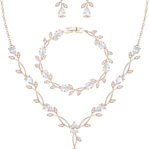 EVER FAITH Bridal Cubic Zirconia Jewelry Sets for Women, White Simulated Pearl Leaf Vine Pendant Wedding Party Necklace Earrings Set for Bridesmaid Bride