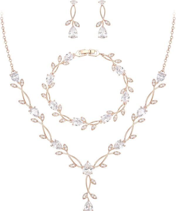 EVER FAITH Bridal Cubic Zirconia Jewelry Sets for Women, White Simulated Pearl Leaf Vine Pendant Wedding Party Necklace Earrings Set for Bridesmaid Bride