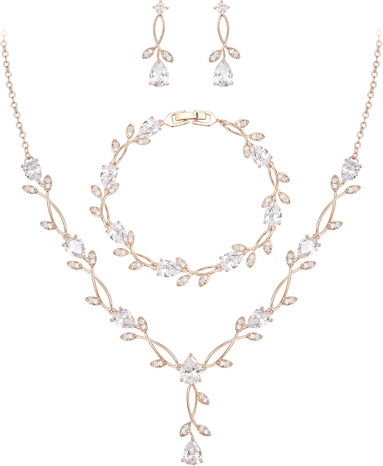 EVER FAITH Bridal Cubic Zirconia Jewelry Sets for Women, White Simulated Pearl Leaf Vine Pendant Wedding Party Necklace Earrings Set for Bridesmaid Bride