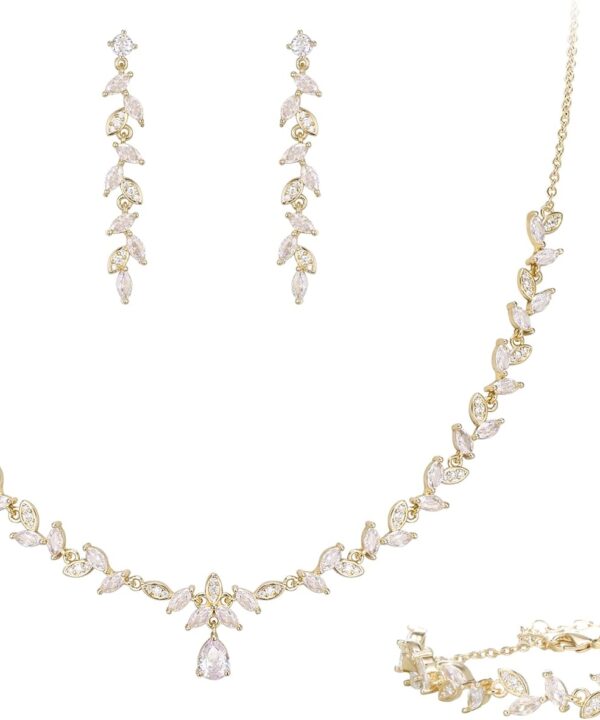 BriLove Wedding Bridal Jewelry for Women Cubic Zirconia Marquise Teardrop Leaf Cluster Y-Necklace Dangle Earrings Link Bracelet Set