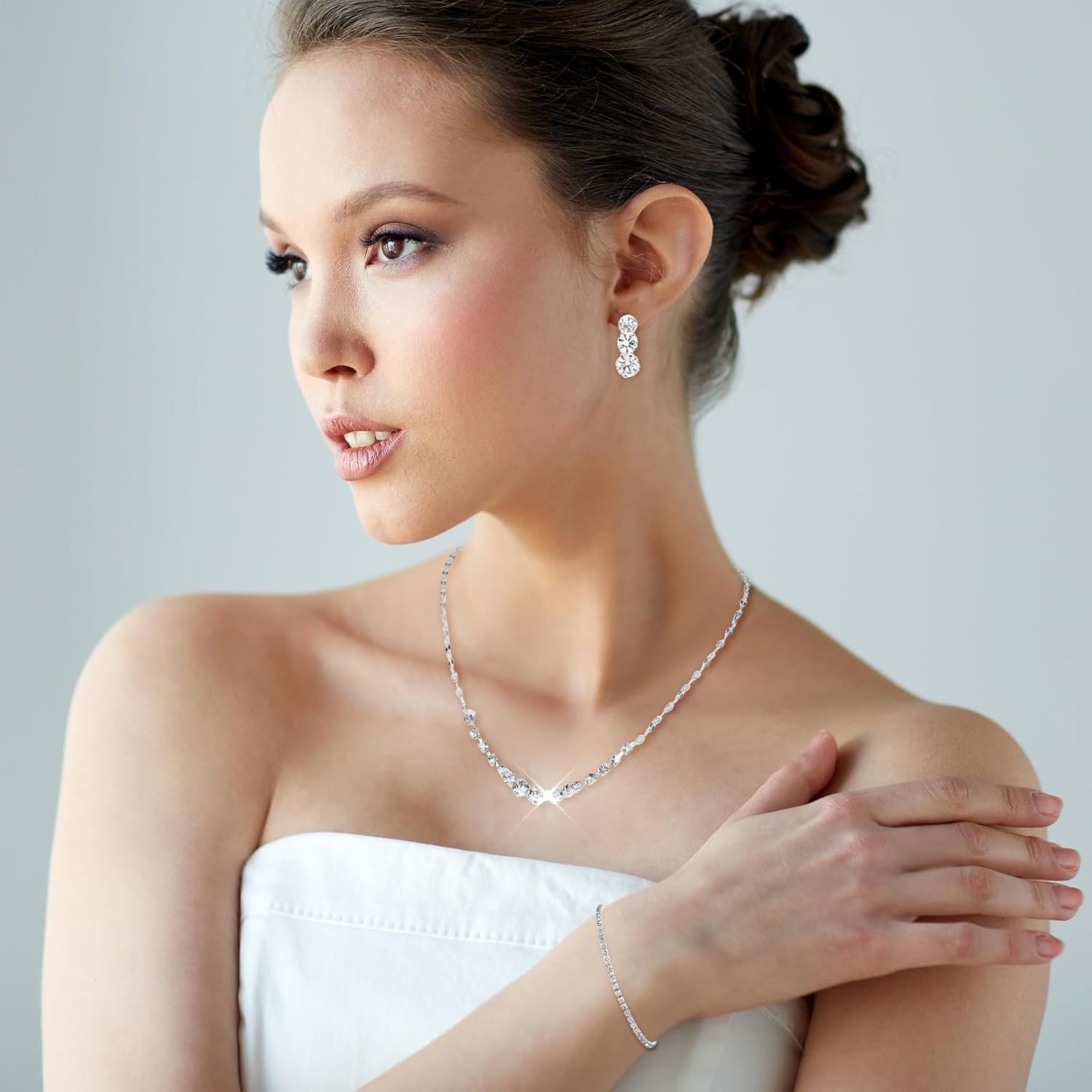 Silver Jewelry Set for Women, Rhinestone Necklace Bracelet Dangle Earrings Set, Crystal Bridal Wedding Party Jewelry Sets for Bride Bridesmaid Formal Costume Accessories
