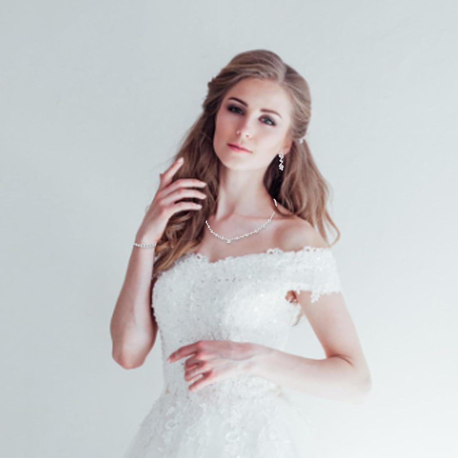 Crystal Wedding Jewelry Set, Silver Necklace Earrings Bracelet Crystal Bridal Wedding Jewelry Sets for Brides Bridesmaid Prom Costume Accessories