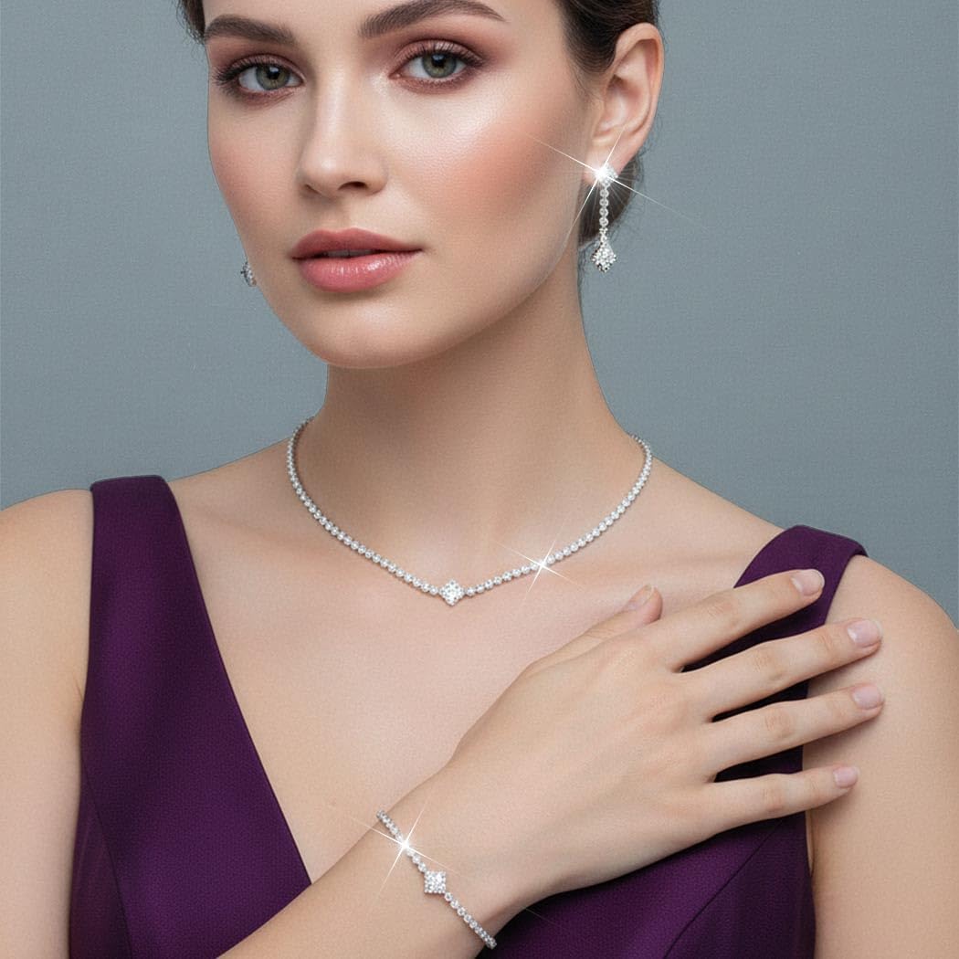 Unicra Silver Bridal Wedding Jewelry Set Sparkly Rhinestone Necklace Earrings Bracelet Sets Formal Costume Jewelry for Women and Brides