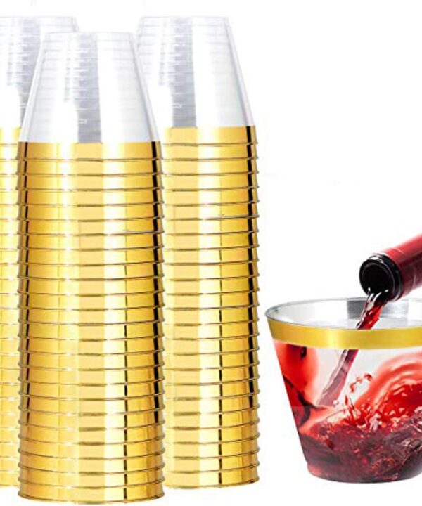 I00000 200 Pack Gold Plastic Cups, 9 Oz Elegant Clear Plastic Cups Gold Rimmed Disposable Wine Glasses Fancy Disposable Party Cup Wedding Cup Drinking Tumblers Cocktail Glasses Perfect for Party