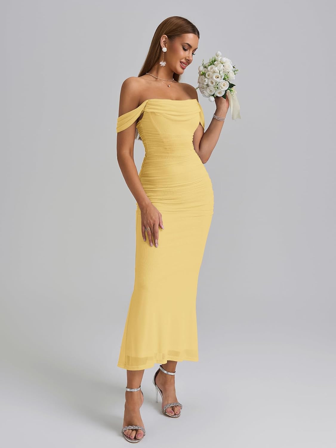 KUTUMAI Off The Shoulder Maxi Long Dress Corset Ruched Bodycon Formal Wedding Guest Dresses for Women