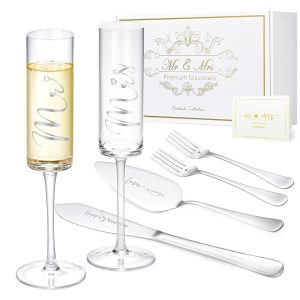 ROXBURGH Wedding Cake Knife and Server Set, Bride and Groom Mr and Mrs Champagne Flutes & Forks with Giftable Box, Cake Cutting Set for Wedding Engagement Bridal Shower Gifts
