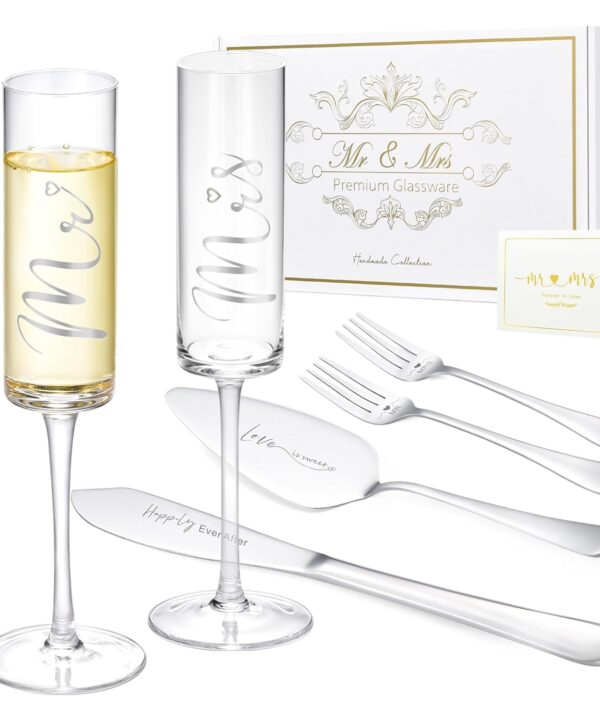 ROXBURGH Wedding Cake Knife and Server Set, Bride and Groom Mr and Mrs Champagne Flutes & Forks with Giftable Box, Cake Cutting Set for Wedding Engagement Bridal Shower Gifts