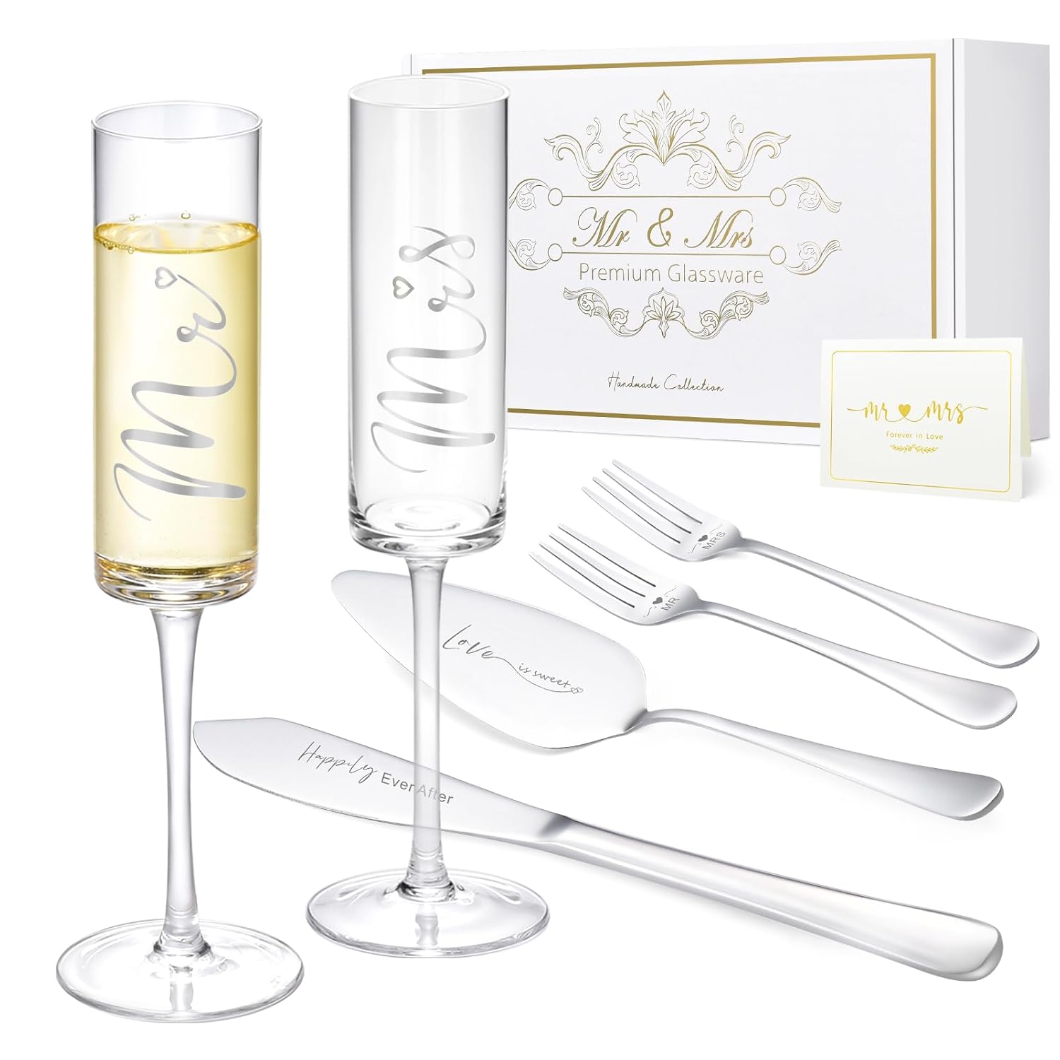 ROXBURGH Wedding Cake Knife and Server Set, Bride and Groom Mr and Mrs Champagne Flutes & Forks with Giftable Box, Cake Cutting Set for Wedding Engagement Bridal Shower Gifts
