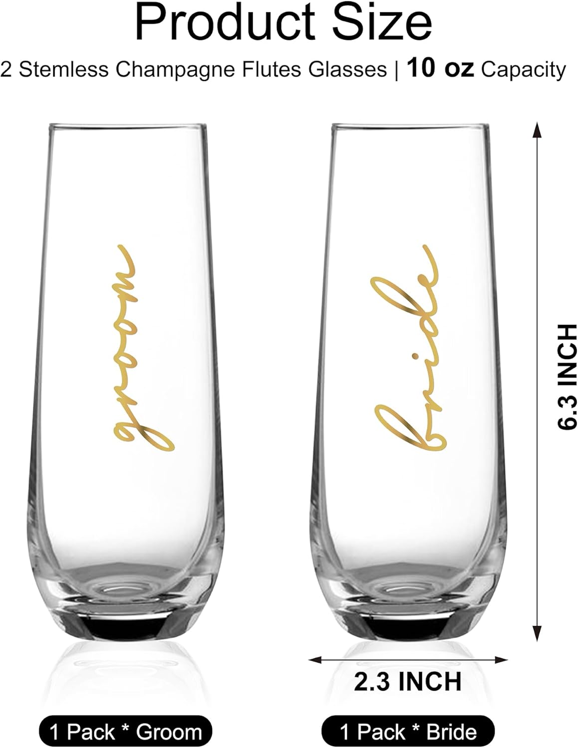 Mr&MrsGifts Bride and Groom Champagne Glasses Set of 2 – Stemless Crystal Flutes for Wedding/Anniversary, 10oz Lead-Free Elegant Toasting Cups, 24K Gold Logo, Romantic Gift for Him & Her(A:GB)