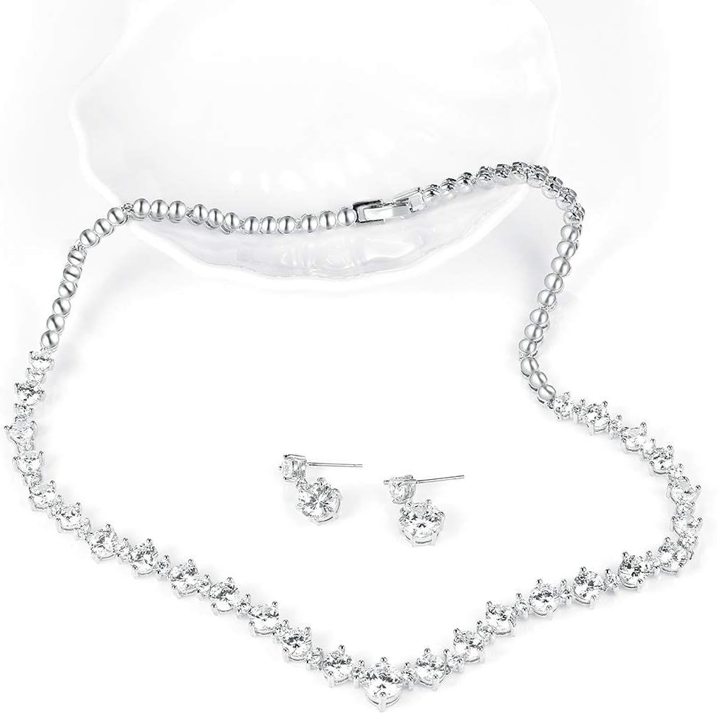 WeimanJewelry Silver/Gold Plated Women Cubic Zirconia Round Cut CZ Bridal Necklace and Drop Earring Set for Bride Wedding (Silver)