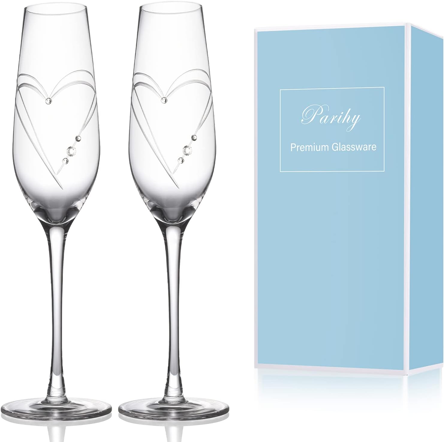 Champagne Flutes, Bride and Groom Wedding Toasting Champagne Glasses Set of 2 with Engraved Love Heart Design Embellished with Crystal, Wedding Engagement Christmas Presents for Couple