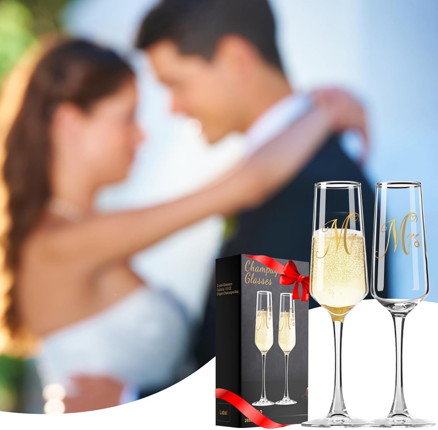 Mr and Mrs Champagne Flutes Set of 2, Elegant Crystal Engagement Gifts for Couples, Bridal Shower Gifts, Lead-Free Champagne Glass 8.5oz/250ml