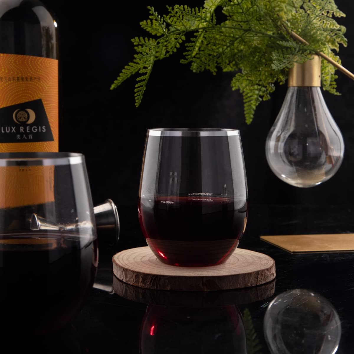 SUT 32 Pack 12oz Silver Rimmed Plastic Wine Glasses Stemless, Disposable Wine Cups with Premium Quality, Reusable, Unbreakable, Crystal, Shatterproof and BPA-Free, Perfect for Party, Wedding, Picnic