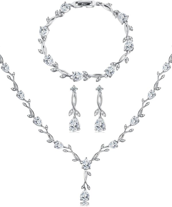 Wedding Silver Jewelry Set for Women Cubic Zirconia Necklace Earrings Bracelet Sets for Bride Wedding Costume Jewelry for Bridesmaid