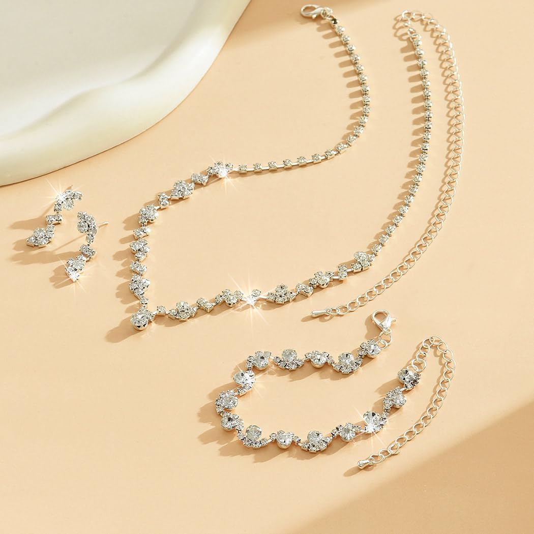 Unicra Bride Crystal Necklace Earrings Set Bridal Wedding Jewelry Sets Rhinestone Choker Necklace Costume Jewelry Set for Women and Brides (3 piece set – 2 earrings and 1 necklace)