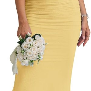 KUTUMAI Off The Shoulder Maxi Long Dress Corset Ruched Bodycon Formal Wedding Guest Dresses for Women