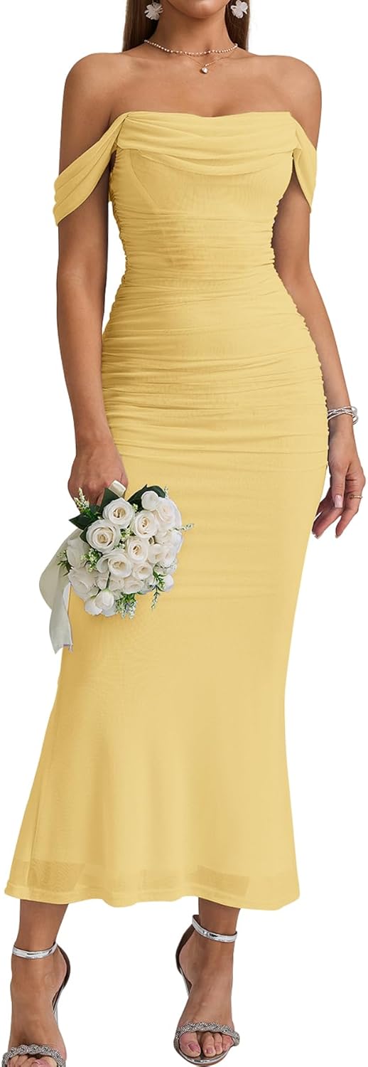 KUTUMAI Off The Shoulder Maxi Long Dress Corset Ruched Bodycon Formal Wedding Guest Dresses for Women