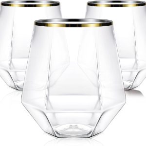 40 Pcak Plastic Stemless Wine cocktail Whiskey Champagne Glasses, 12 Oz Gold Rim Disposable Clear Unbreakable Cups for Party Bars Wedding Tasting (Diamond-shaped)