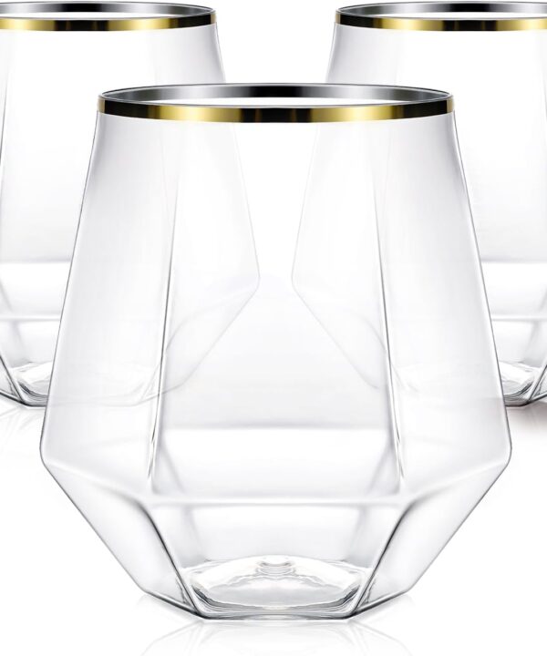40 Pcak Plastic Stemless Wine cocktail Whiskey Champagne Glasses, 12 Oz Gold Rim Disposable Clear Unbreakable Cups for Party Bars Wedding Tasting (Diamond-shaped)