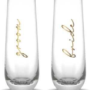 LADY&HOME Bride and Groom Stemless Champagne Flutes Set of 2, 10oz Mr and Mrs Champagne Glasses for Wedding Newlyweds Engagement(Bride and Groom)