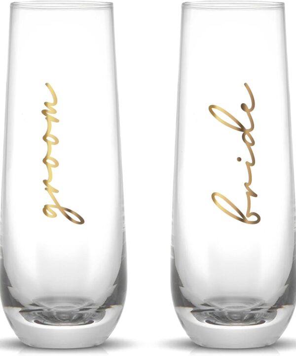LADY&HOME Bride and Groom Stemless Champagne Flutes Set of 2, 10oz Mr and Mrs Champagne Glasses for Wedding Newlyweds Engagement(Bride and Groom)