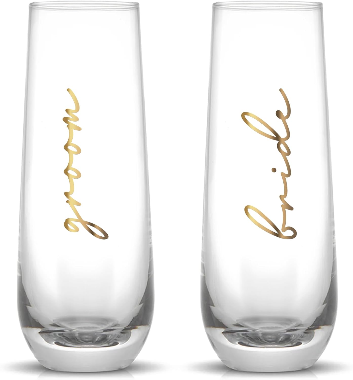 LADY&HOME Bride and Groom Stemless Champagne Flutes Set of 2, 10oz Mr and Mrs Champagne Glasses for Wedding Newlyweds Engagement(Bride and Groom)