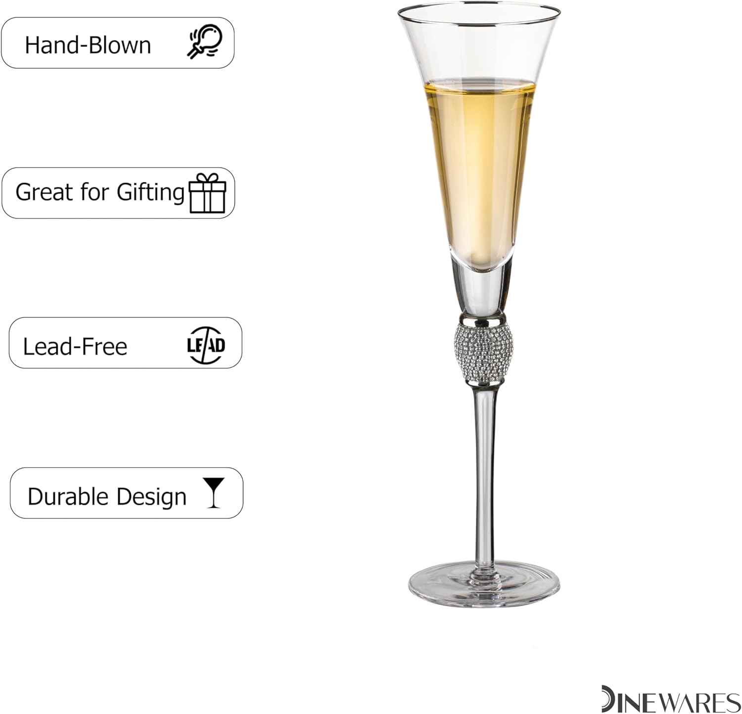 2 Piece Elegant Crystal Set Wedding Champagne Glasses with Diamond Rhinestone Accents and a Polished Silver Rim – 11 in Tall with Slender Long Stem, 7 oz – Chic Toasting Set for the Bride and Groom