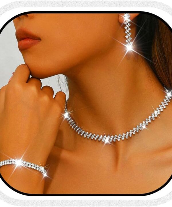 Unicra Rhinestone Bridal Wedding Jewelry Sets Silver Necklace Earrings Bracelet Set Prom Formal Costume Jewelry Set for Women and Brides