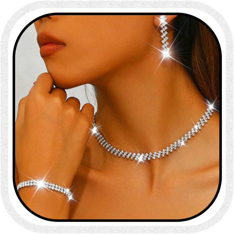 Unicra Rhinestone Bridal Wedding Jewelry Sets Silver Necklace Earrings Bracelet Set Prom Formal Costume Jewelry Set for Women and Brides