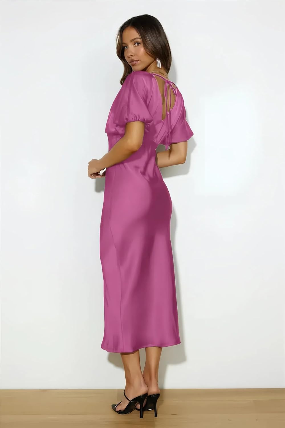 Satin V Neck Puffy Sleeves Silk Midi Dresses Empire Waist Elegant Tie Back Formal Cocktail Dress for Women Wedding Guest