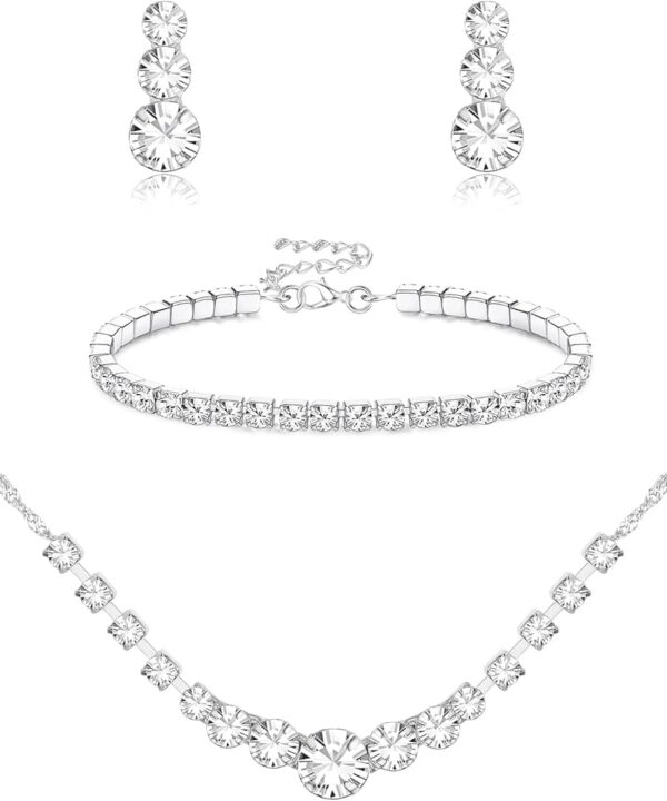 Jstyle Silver Plated Jewelry Set for Women Rhinestone Crystal Necklace Drop Earrings Link Bangle Bracelet Bridal Wedding Jewelry Sets for Brides Bridemaid Prom Costume Accessories