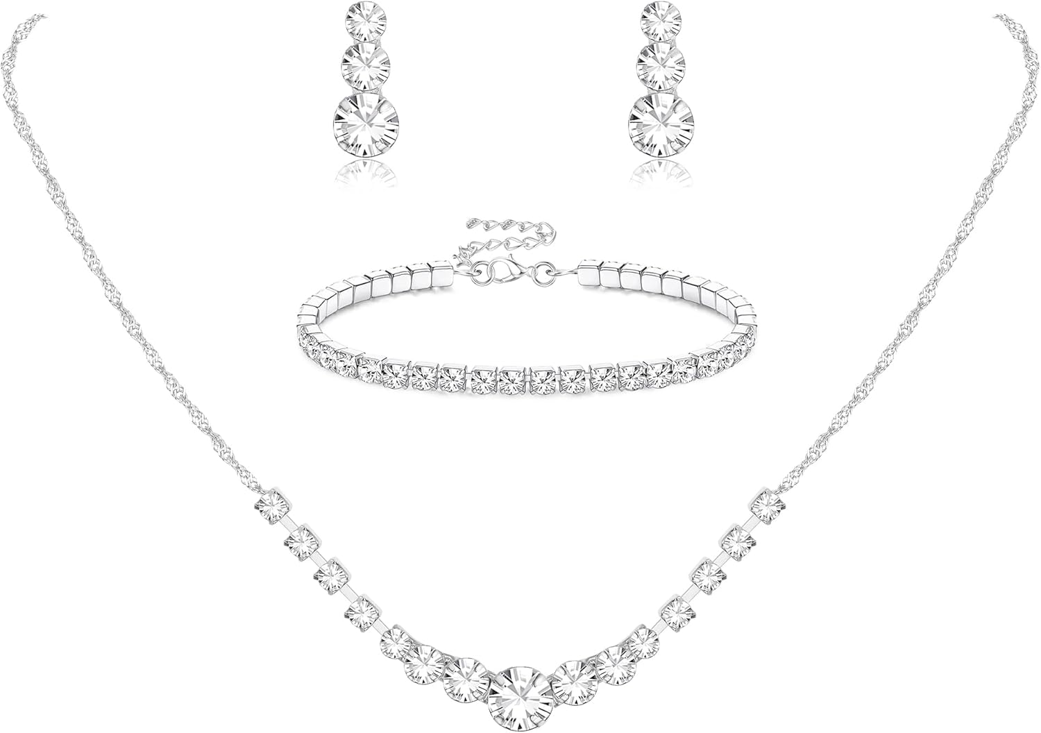 Jstyle Silver Plated Jewelry Set for Women Rhinestone Crystal Necklace Drop Earrings Link Bangle Bracelet Bridal Wedding Jewelry Sets for Brides Bridemaid Prom Costume Accessories