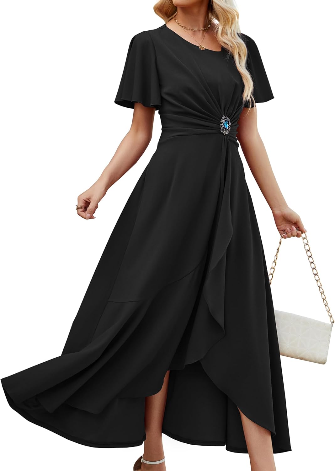 Wedding Guest Dresses for Women Have Pockets Cocktail Dress Ruffle Sleeve A Line Evening Party Formal Dresses for Women