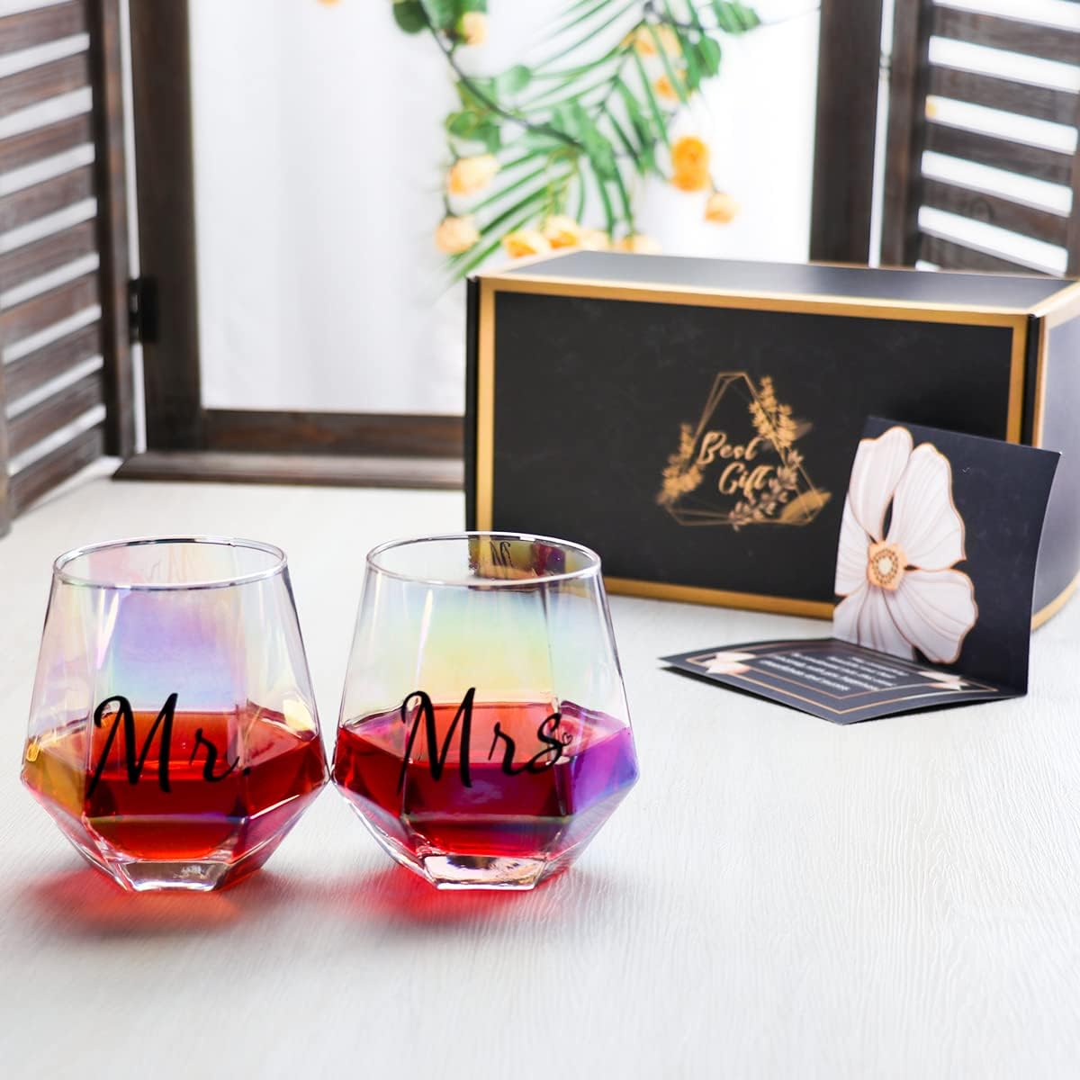 Mr & Mrs Iridescent Diamond Shaped Stemless Wine Glasses for Couples – Unique Colorful His & Hers Wedding & Engagement Gift Set of 2