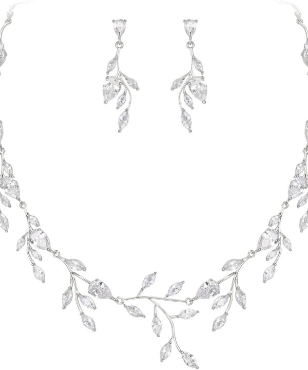 EVER FAITH Wedding Jewelry for Bride Women Bridesmaid, Sparkly Cubic Zirconia Pear-Shaped Birthstone Leaf Necklace Earrings Set for Prom
