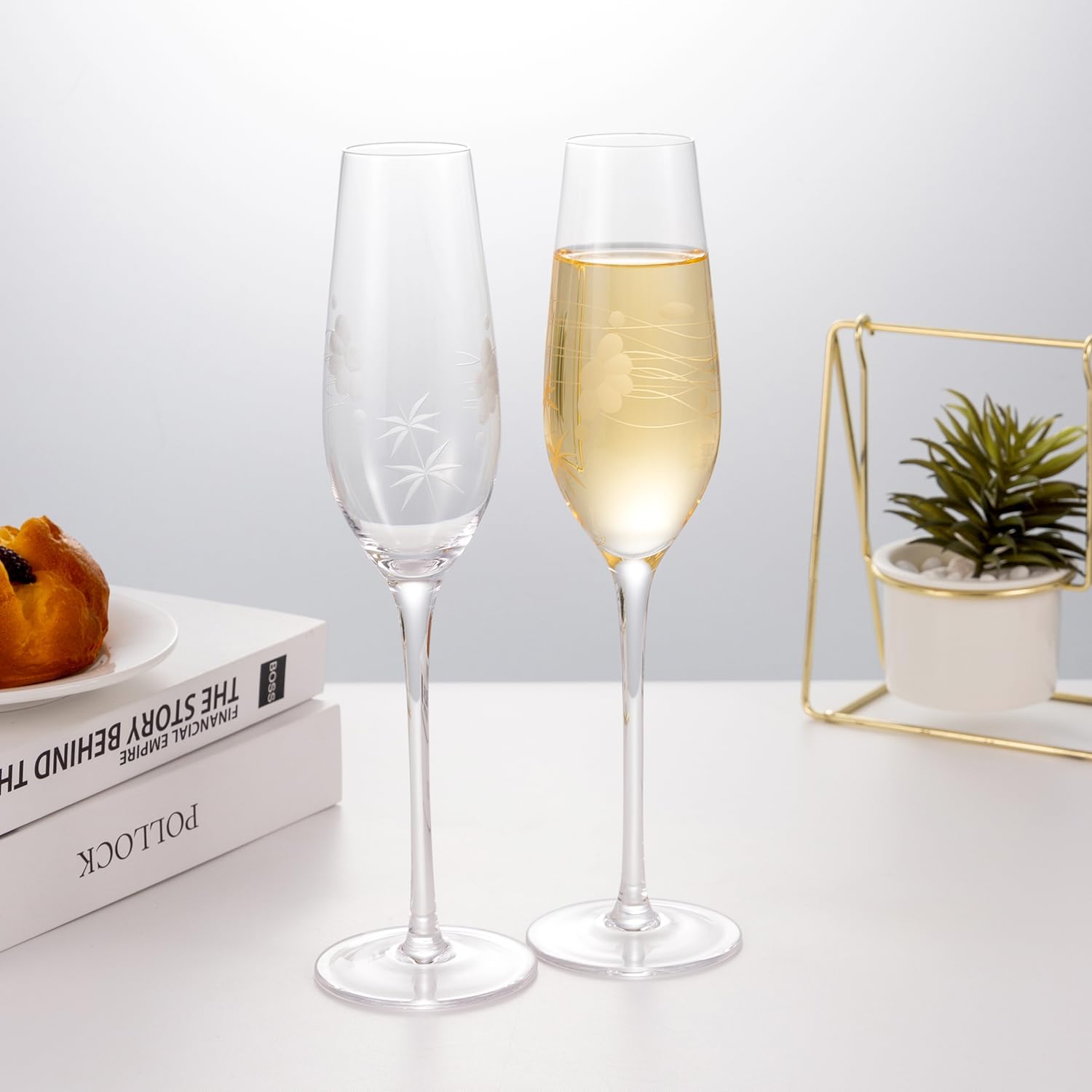 Champagne Flutes, Wedding Champagne Glasses for Bride and Groom Toasting Set of 2 with Engraved Romantic Clouds and Stars Design, Bridal Shower Anniversary Decorations