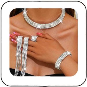 Unicra Rhinestone Bridal Wedding Jewelry Sets Silver Choker Necklace Earrings Bracelet Ring Set Prom Formal Costume Jewelry Set for Women and Brides