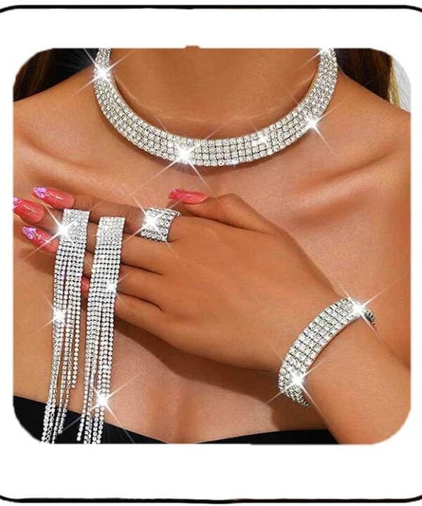 Unicra Rhinestone Bridal Wedding Jewelry Sets Silver Choker Necklace Earrings Bracelet Ring Set Prom Formal Costume Jewelry Set for Women and Brides