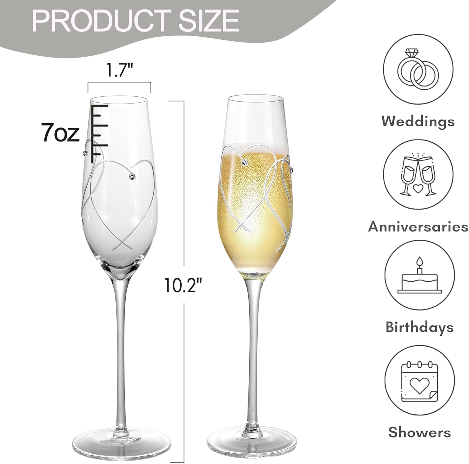 Champagne Flutes, Wedding Champagne Gasses for Bride and Groom Set of 2 with Engraved Love Heart Design Embellished with Crystal, Wedding Presents for Couple