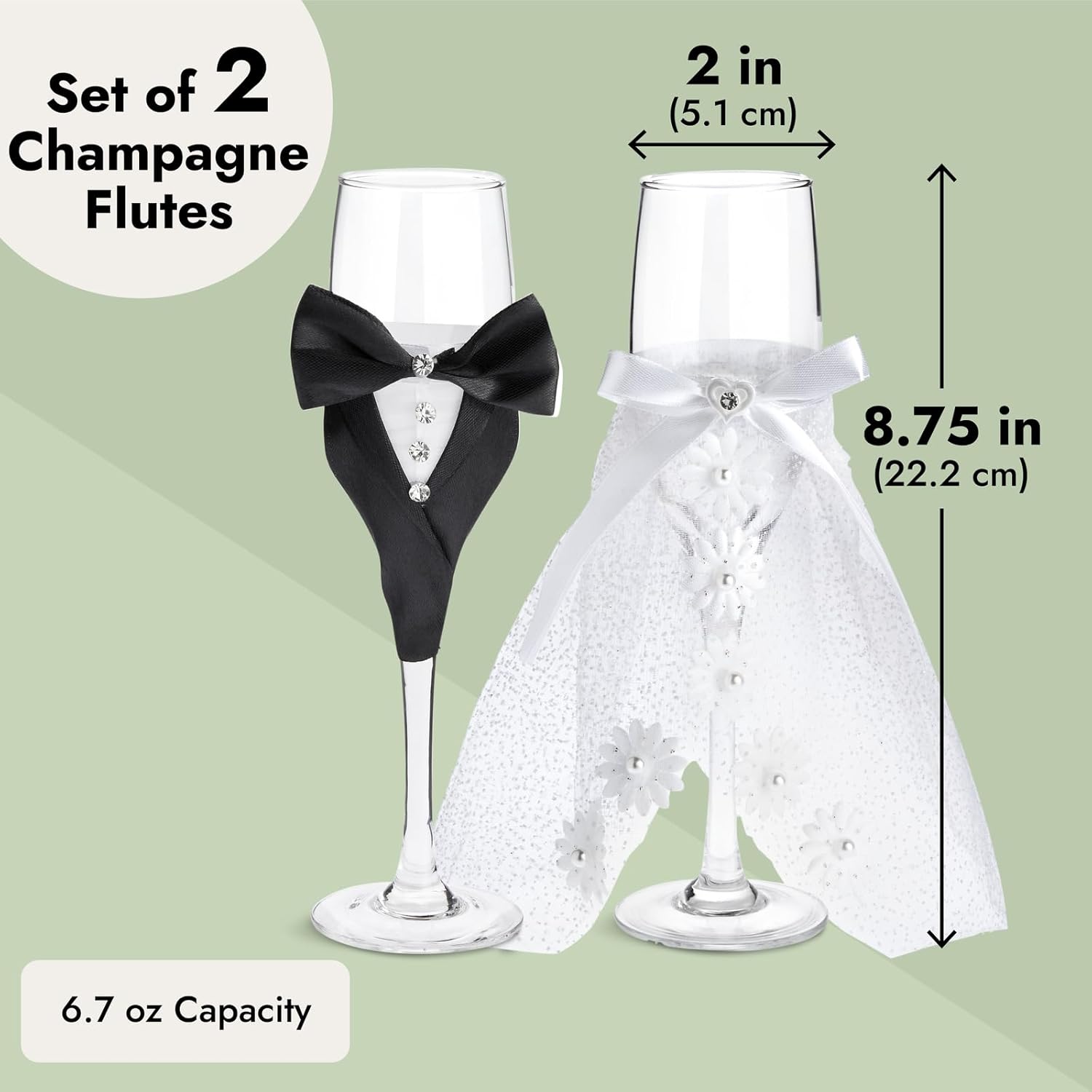 Sparkle and Bash Wedding Glasses for Bride & Groom – 2-Pc 8.75 In Flutes, Black & White, Modern – Champagne Toasting Flutes for Wedding Gifts for Newlyweds, Bridal Shower & Decor