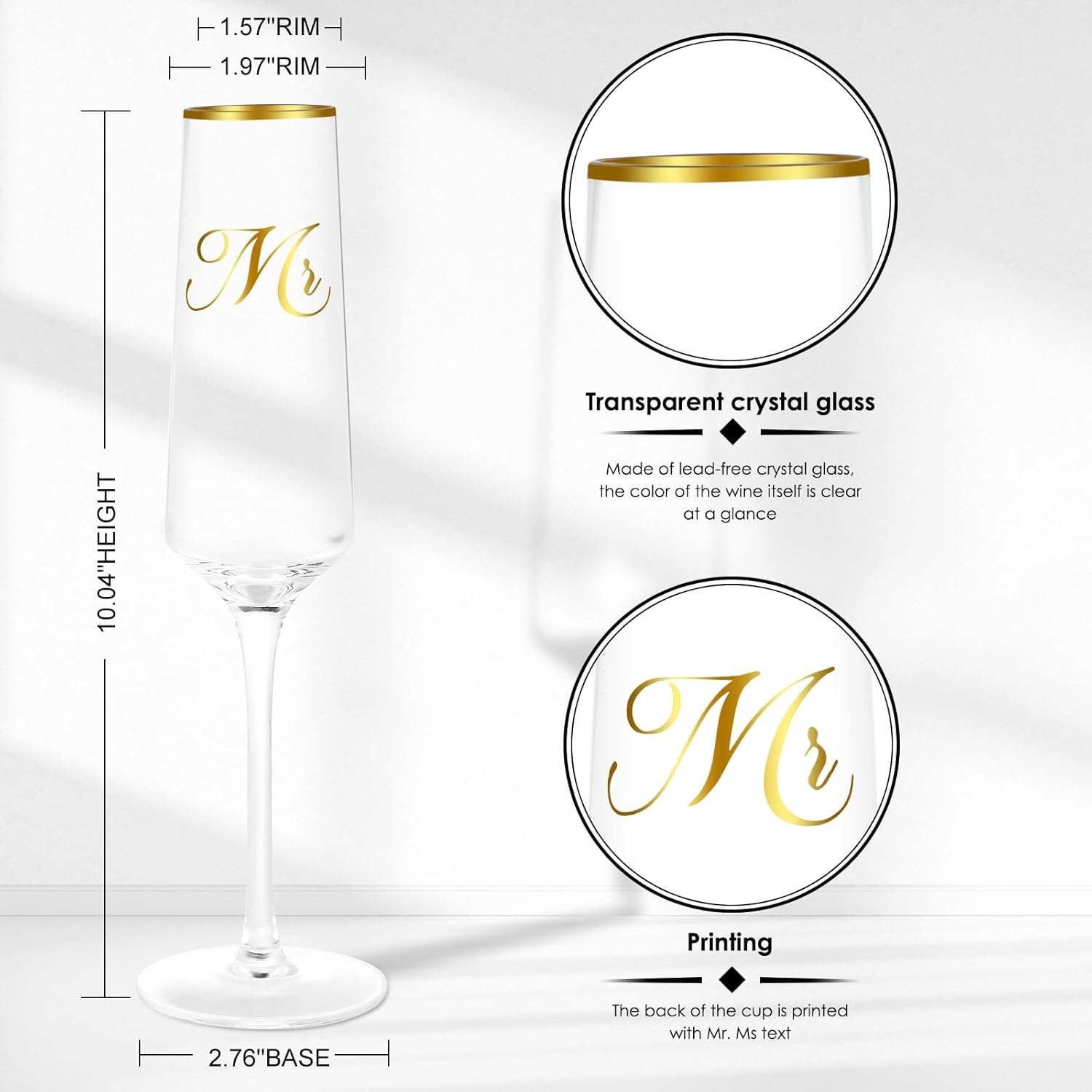 Mr and Mrs Wedding Champagne Flutes with Long Stem,Bride and Groom Toasting Crystal Glass Set, Bridal Shower Gift, Engagement Gifts for Couples, Newlyweds, Anniversary