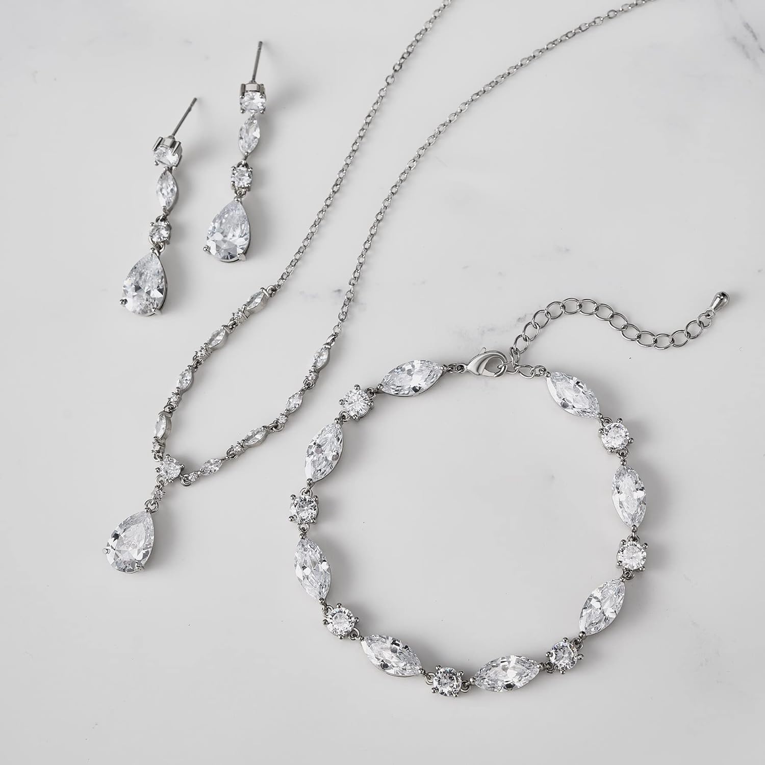 SWEETV Bridal Jewelry Set for Wedding, Cubic Zirconia Necklace Dangle Drop Earrings Bracelet Set, Teardrop Marquise Brides Bridesmaids Wedding Prom Anniversary Jewelry Gifts for Women