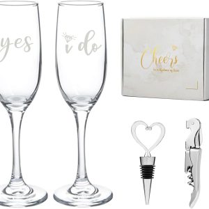 Engagement Gifts for Couples, Champagne Flutes Glass Set, Bridal Shower Wedding Gifts for Newlyweds, Wedding Registry Gift Ideas, Tall Wine Glasses with Wine Stopper and Opener, Yes I do