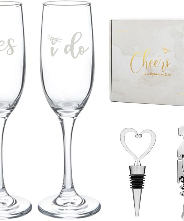 Engagement Gifts for Couples, Champagne Flutes Glass Set, Bridal Shower Wedding Gifts for Newlyweds, Wedding Registry Gift Ideas, Tall Wine Glasses with Wine Stopper and Opener, Yes I do