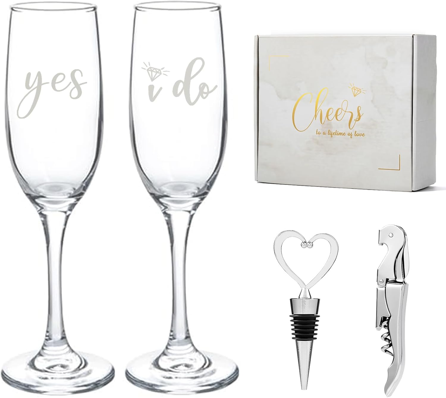 Engagement Gifts for Couples, Champagne Flutes Glass Set, Bridal Shower Wedding Gifts for Newlyweds, Wedding Registry Gift Ideas, Tall Wine Glasses with Wine Stopper and Opener, Yes I do