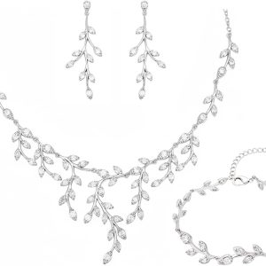 CSY Luxury Bridal Necklace Earrings Bracelet Set Cubic Zirconia Wedding Jewelry for Bride Bridesmaids CZ Plants Vine Platinum Jewelry Set Women