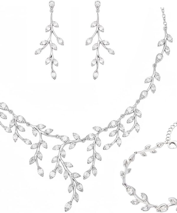 CSY Luxury Bridal Necklace Earrings Bracelet Set Cubic Zirconia Wedding Jewelry for Bride Bridesmaids CZ Plants Vine Platinum Jewelry Set Women